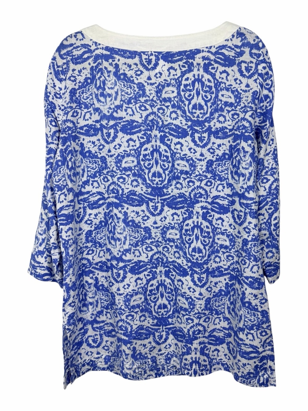 Kate Hill 100% Linen Blue White Print Split Neck Tunic Top L - Picture 6 of 7